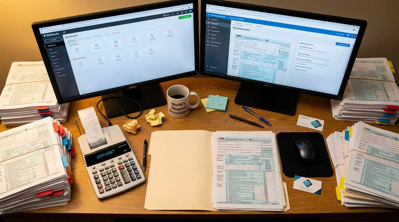 An accountant's desk overwhelmed by manual document intake and data entry