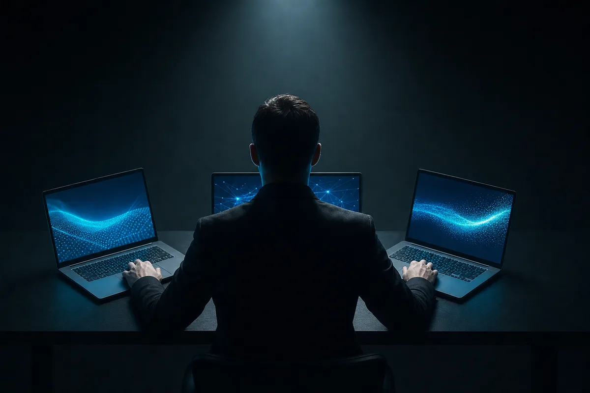 A luminous electric cyan geometric form surrounded by dissolving chain arcs in deep near-black void, representing liberation from AI vendor lock-in