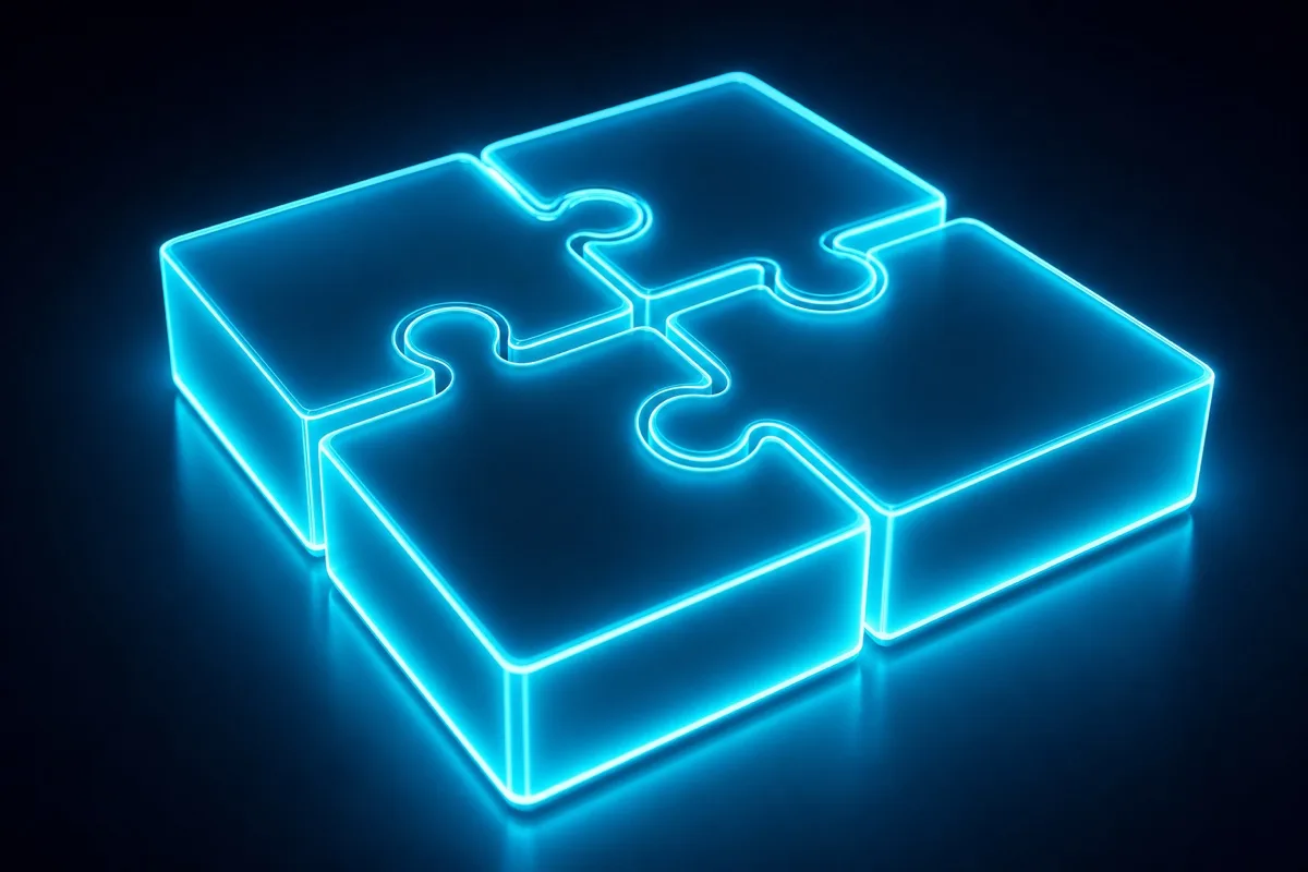 Glowing interlocking puzzle pieces, representing no-code AI development