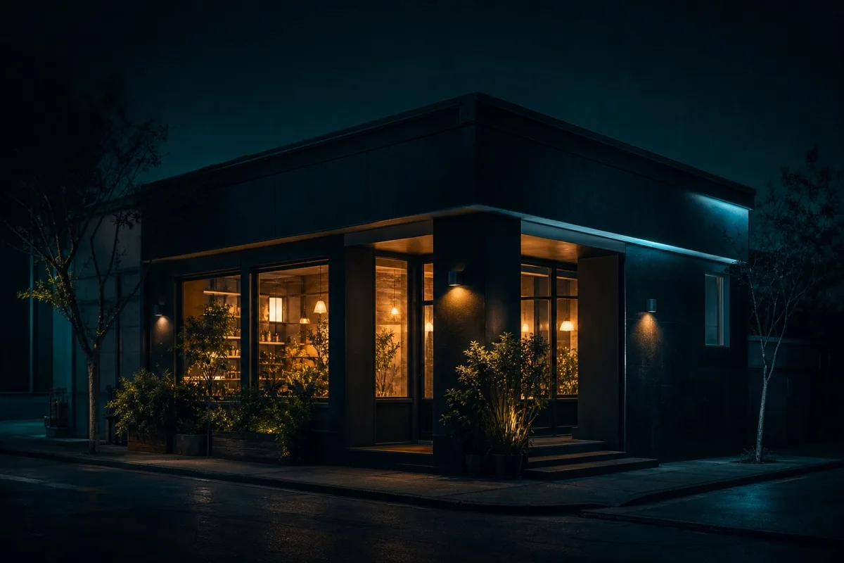 A small business glowing warmly at night, representing AI benefits for small and mid-sized businesses
