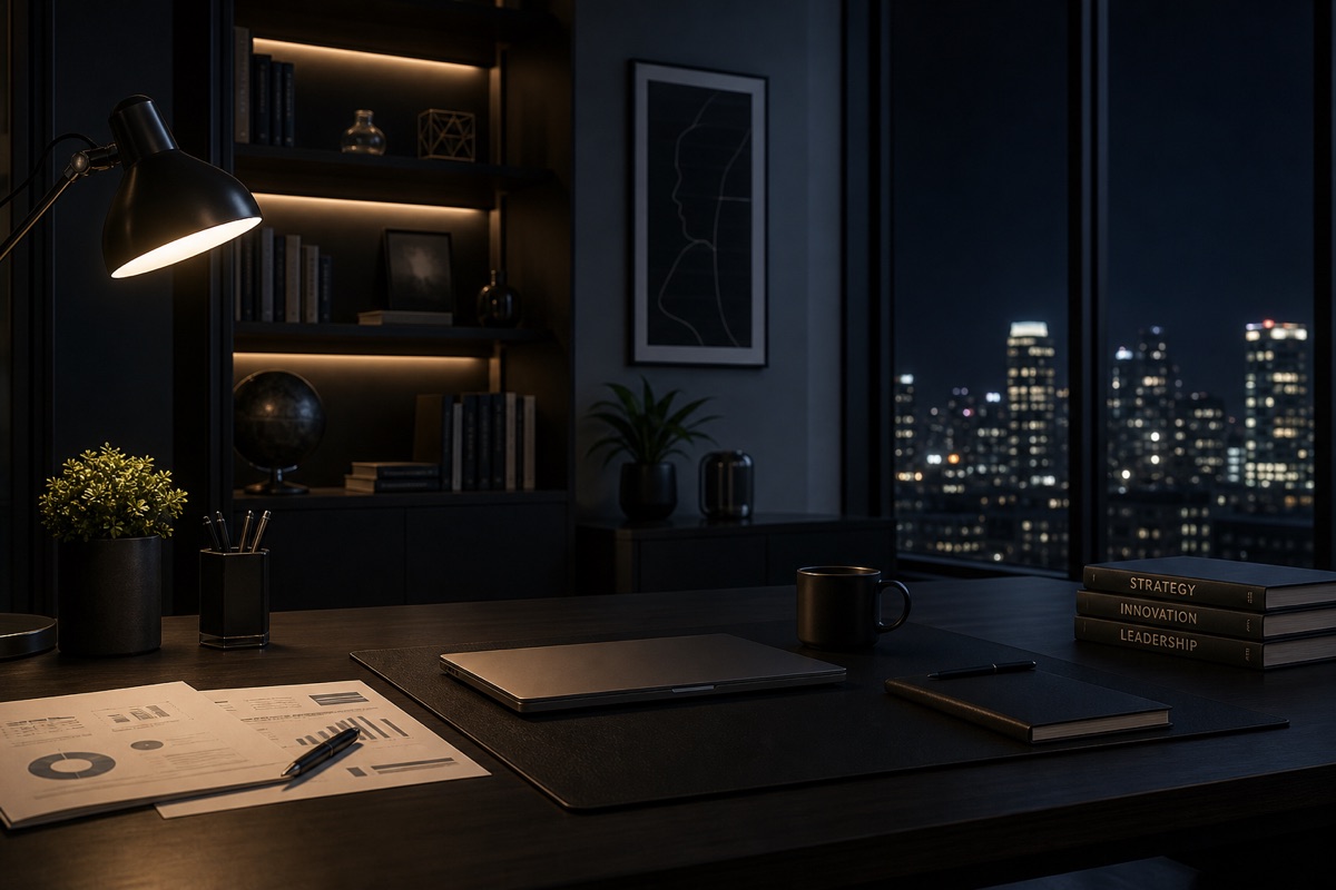 An executive desk at night with process documents, the operating knowledge a SOP Agent runs on