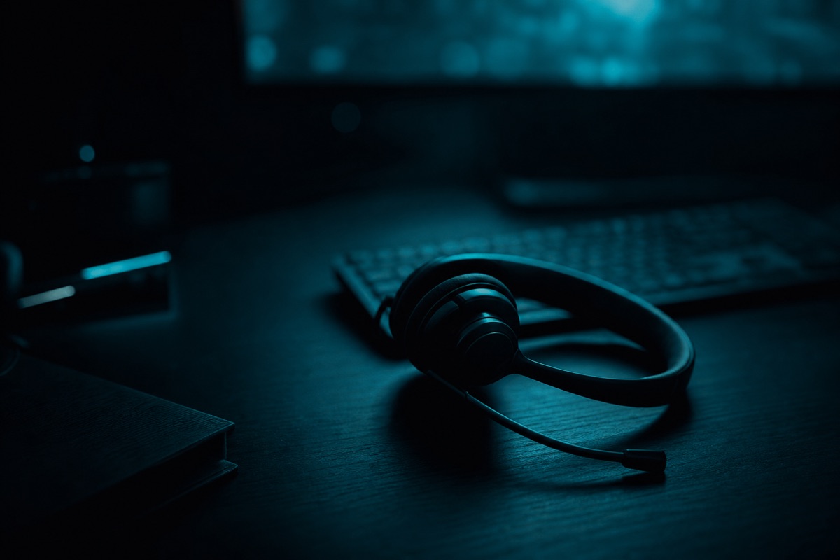 A headset on a dark desk lit by a glowing cyan screen, an always-on AI voice employee